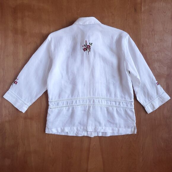 VTG Linen Embroidered Floral Top Sz S White 3/4 Sleeve Cottagecore Lagenlook - Picture 7 of 11
